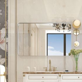 36x30inch Glossy Brushed Silver Rounded Corner Rectangle Wall Mirror For Bathroom Metal Frame Wall Mounted Bathroom Mirror Home Decor Corner Hang