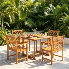 5-Piece Acacia Wood Patio Dining Set for 4, Square Outdoor Table with Umbrella Hole & Ergonomic Slatted Armchairs