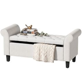 47" Storage Ottoman Bench, Tufted End of Bed Bench with Rolled Arms, Safety Hinge, Wood Legs for Bedroom, Cream White