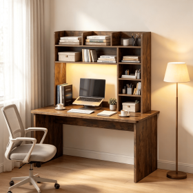 35.5 Inch Desktop Bookshelf with LED Lights Desk Hutch Storage Organizer - Eco-Friendly Wood Material for Home Office