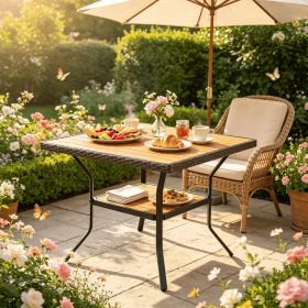 37 Inch Square Outdoor Dining Table for 4 with Acacia Wood Tabletop 2 Inch Umbrella Hole Garden Furniture