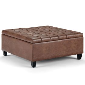 Harrison 36 inch Wide Coffee Table Storage Ottoman in Distressed Umber Brown Vegan Leather