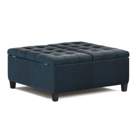Harrison 36 inch Wide Coffee Table Storage Ottoman in Distressed Dark Blue Vegan Leather
