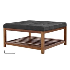 Large Square Ottoman Coffee Table, 34.5 Inch Tufted Coffee Table with Solid Wood Shelf Storage