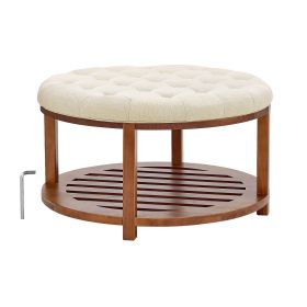 Large Round Ottoman Coffee Table, 31.9 Inch Tufted Coffee Table with Solid Wood Shelf Storage