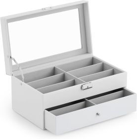 Sunglasses Organizer with 12 Slots, Leather Eyeglasses Storage Box for Women Men, 2 Story Lockable Display Case for Multiple Glasses