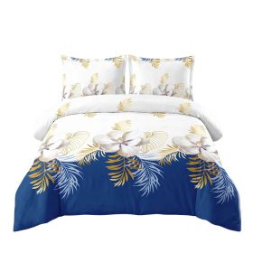 3 Piece Duvet Cover Set, US Designer Navy Blue And Gold Tropical Floral Botanical Print High GSM Heavyweight Comforter Cover With Zipper & Corner (Option: Queen)