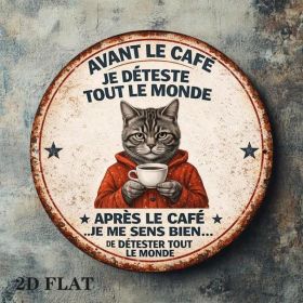8x8in Vintage French Lover Cat Round Metal Sign Cafe Wall Decor (Option: Tin)