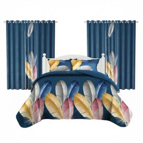 9 Piece Room In A Bag Quilt And Curtain Set, US Designer Navy Blue Boho Feather Print Heavyweight Bedspread With 6 Customizable Window Panels, Pe (Option: Twin)