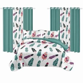 9 Piece Room In A Bag Quilt And Curtain Set, US Designer Boho Feather Print Heavyweight Bedspread With 6 Customizable Window Panels, Pet-Friendly (Option: Queen)