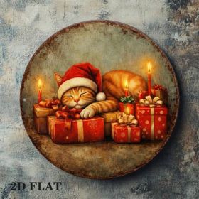 Vintage Christmas Kittens Round Sign 8x8in Cute Xmas Wall Decor (Option: Tin)