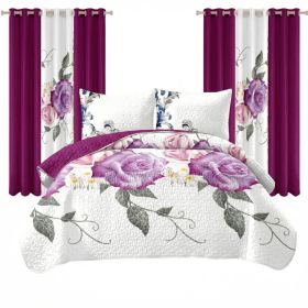 9 Piece Room In A Bag Quilt And Curtain Set, US Designer Deep Magenta Purple Rose Floral Print Heavyweight Bedspread With 6 Customizable Window P (Option: Queen)