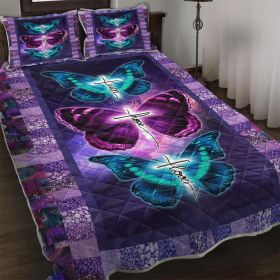 3 Pcs Butterfly Patterned Pet Themed Quilt Set, Soft And Warm Bedding Set, Including 1 Quilt And 2 Pillowcases For Home Bedroom Decoration (Color: Purple, size: Twin)