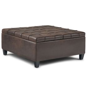 Harrison 36 inch Wide Coffee Table Storage Ottoman in Distressed Brown Vegan Leather (Color: as Pic)
