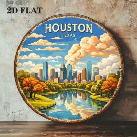 8x8in Houston Texas Cityscape Vintage Round Sign Bar Wall Decor (Option: Tin)