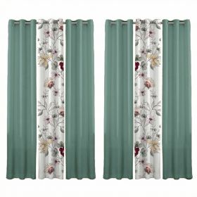 6 Piece Curtain Set, US Designer Sage Green And Botanical Floral Print Light Filtering Drapes, Semi-Sheer Window Panels With 1.6-Inch Grommet Top (Option: Curtain)